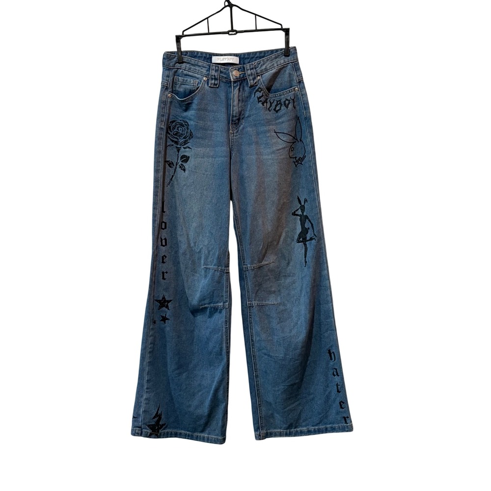 Playboy Wide Leg Jeans Womens 3 27x31 Blue Graphic Y2K Lover Sinner Hater Bunny